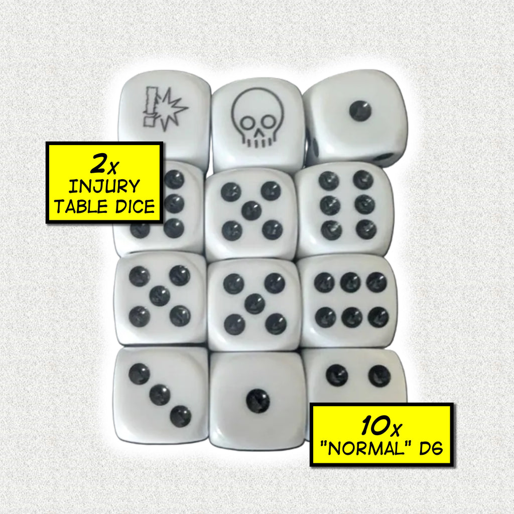 A set of 12 dice, 10 "normal" dice and 2 Injury Table Dice.
